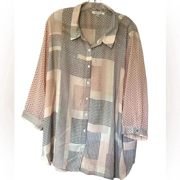 Rose & Olive pink abstract print button down 3/4 sleeve top 3X patchwork Style - Picture 1 of 10